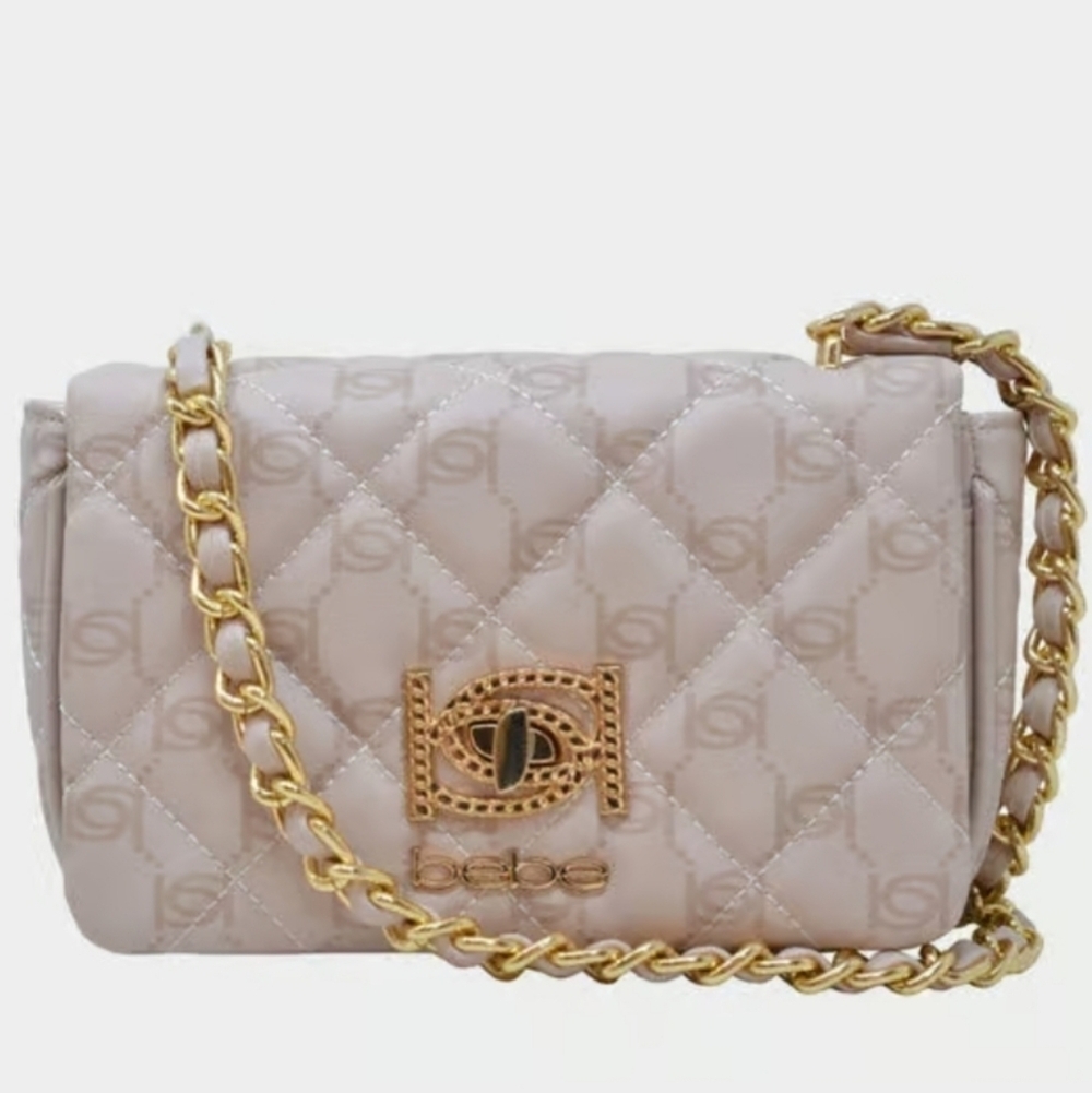 Bebe Liv Monogram 2 Way Bag - Bone and Latte Logo NWT Nude Quilted Crossbody Bag - Picture 5 of 8